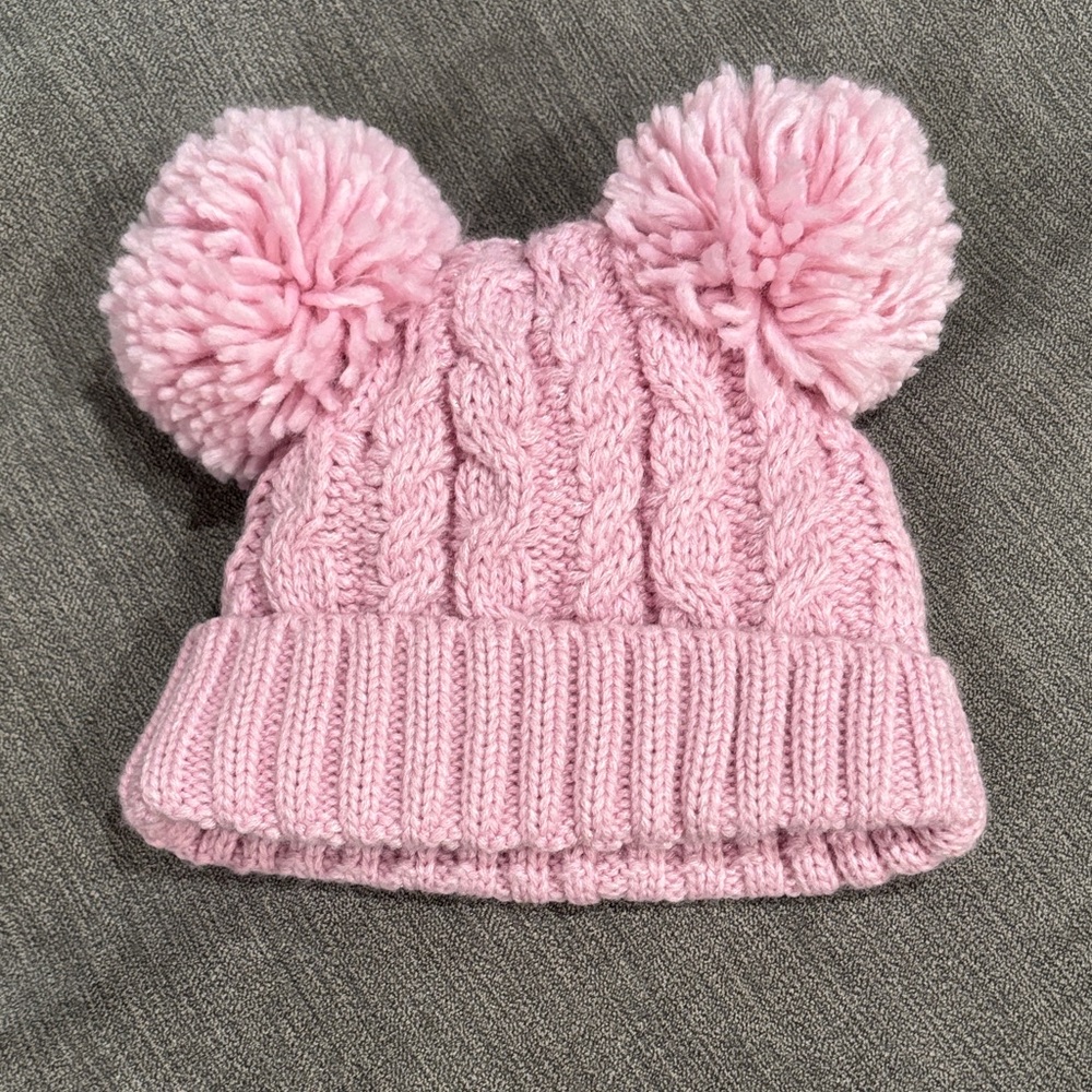 Laura Ashley Pink Cable Knit Hat with Pom-Poms
